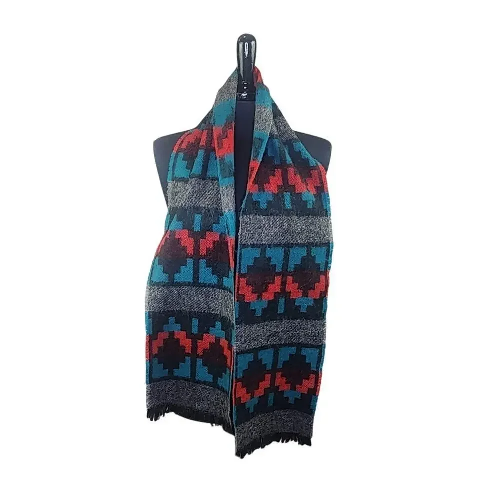 Southwestern Style Geometric Design Scarf Blue Red Black Gray